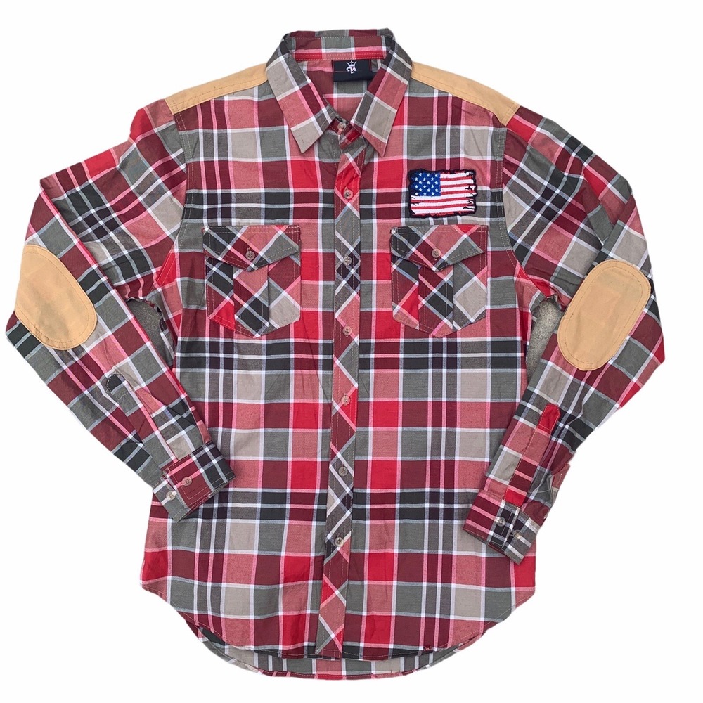 Red Ape Button Down LS Plaid Shirt Men Sz Medium Elbo Patches USA Flag Patriotic